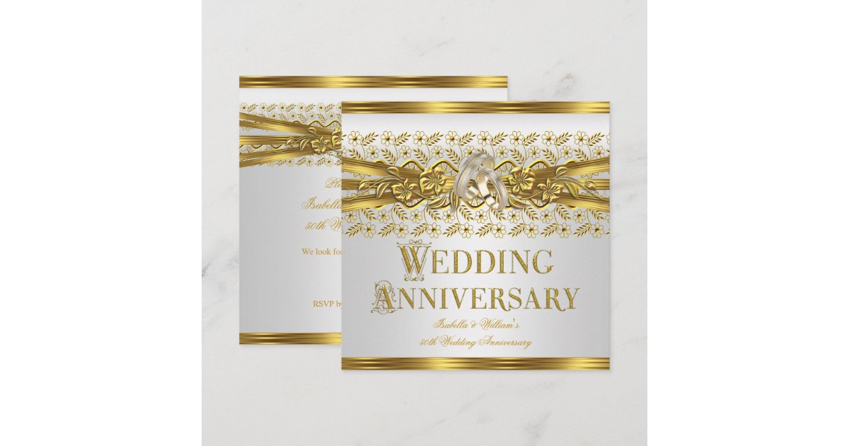 50th Wedding Anniversary Gold Rings Floral White Invitation | Zazzle