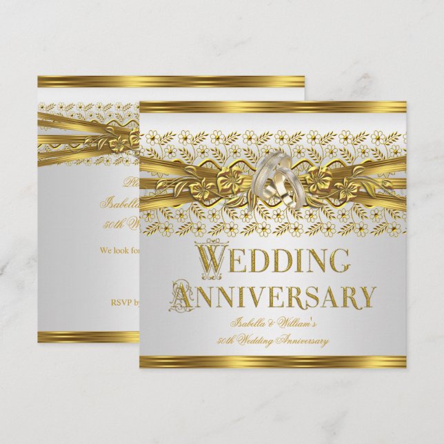 50th Wedding Anniversary Gold Rings Floral White Invitation (Front/Back)