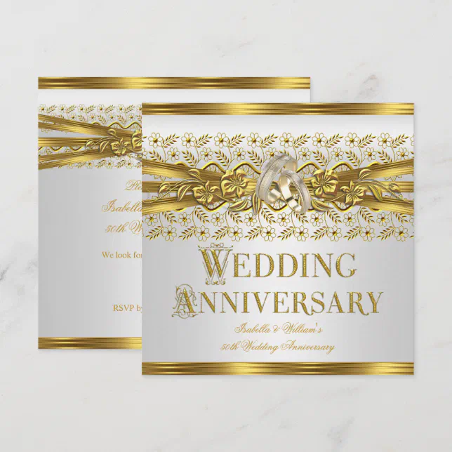 50th Wedding Anniversary Gold Rings Floral White Invitation | Zazzle