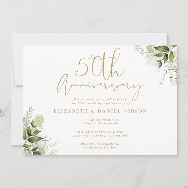 50th Wedding Anniversary Gold Script Floral Photo Invitation (Front)