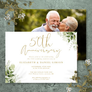 50th Wedding Anniversary Gold Script Floral Photo Invitation