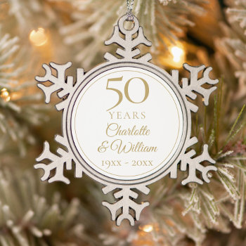 50th Wedding Anniversary Gold Script Snowflake Pewter Christmas Ornament by thisisnotmedesigns at Zazzle