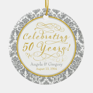 50th Wedding Anniversary Gold Silver Damask Hearts Ceramic Ornament