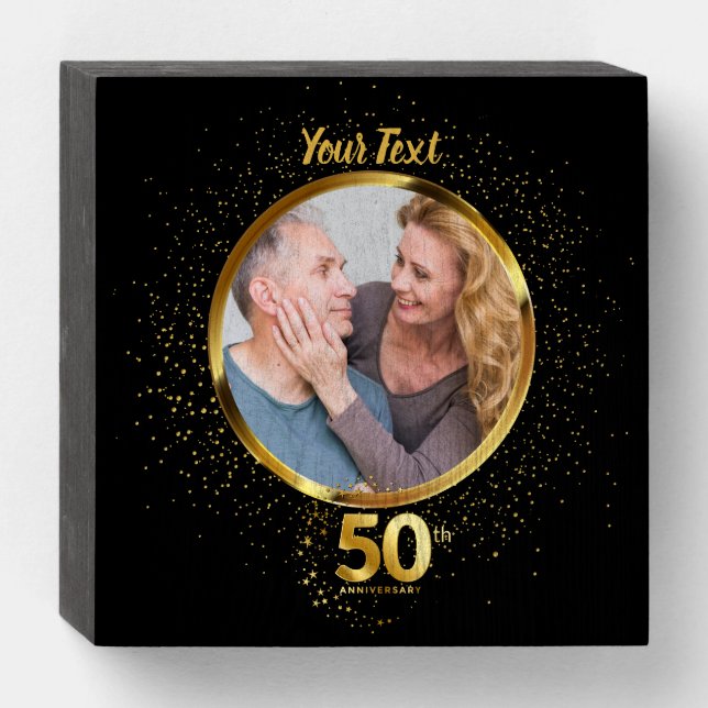 50th Wedding Anniversary Gold Sparkles Wooden Box Sign (Front Horizontal)