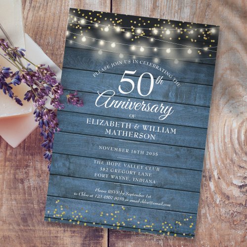 50th Wedding Anniversary Gold String Lights Rustic Invitation