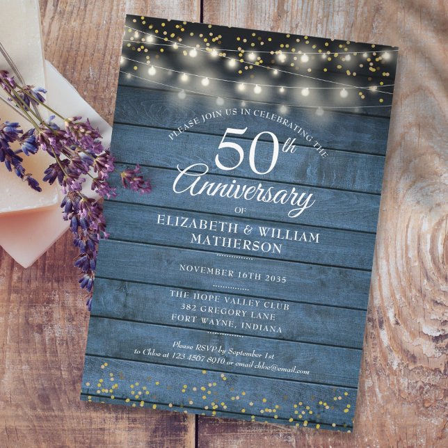 50th Wedding Anniversary Gold String Lights Rustic Invitation (Creator Uploaded)