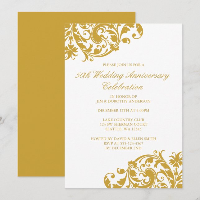 50th Wedding Anniversary Gold Swirl Flourish Invitation (Front/Back)