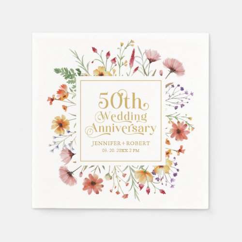 50th Wedding Anniversary Gold Typography Flower Napkins