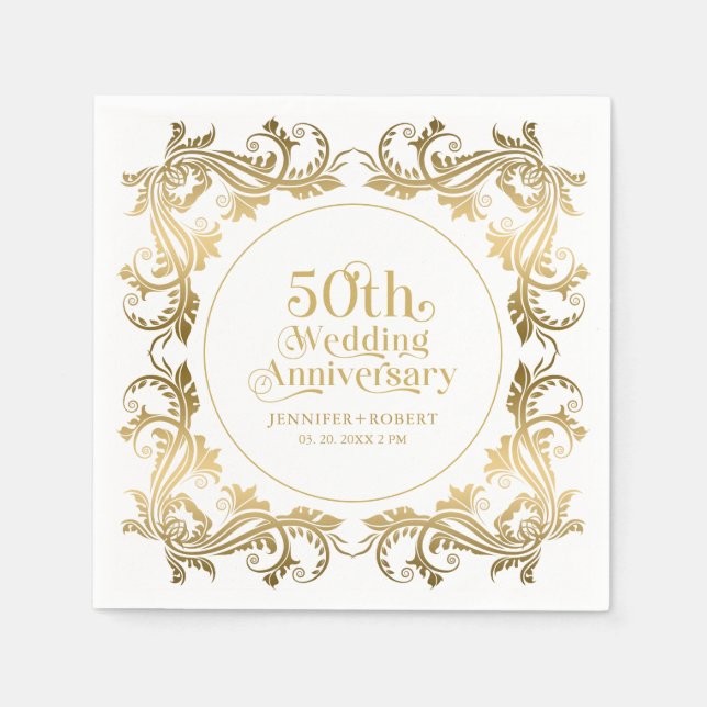 50th Wedding Anniversary Gold Typography Frame 3 Napkins (Front)