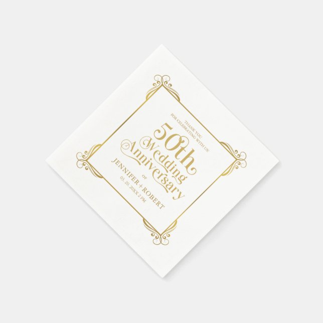 50th Wedding Anniversary Gold Typography Frame Napkins (Corner)