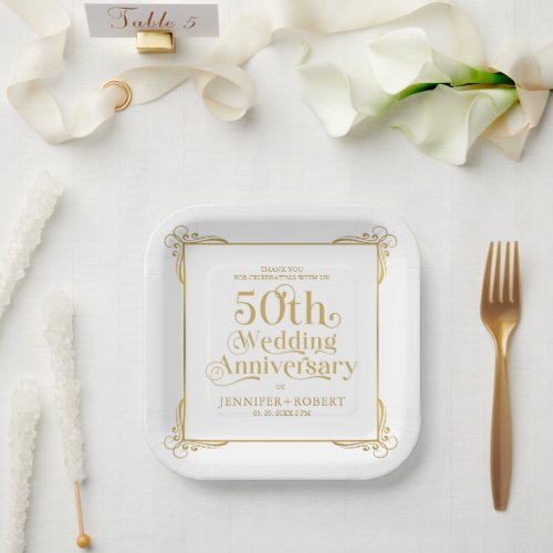 50th Wedding Anniversary Gold Typography Frame Paper Plates