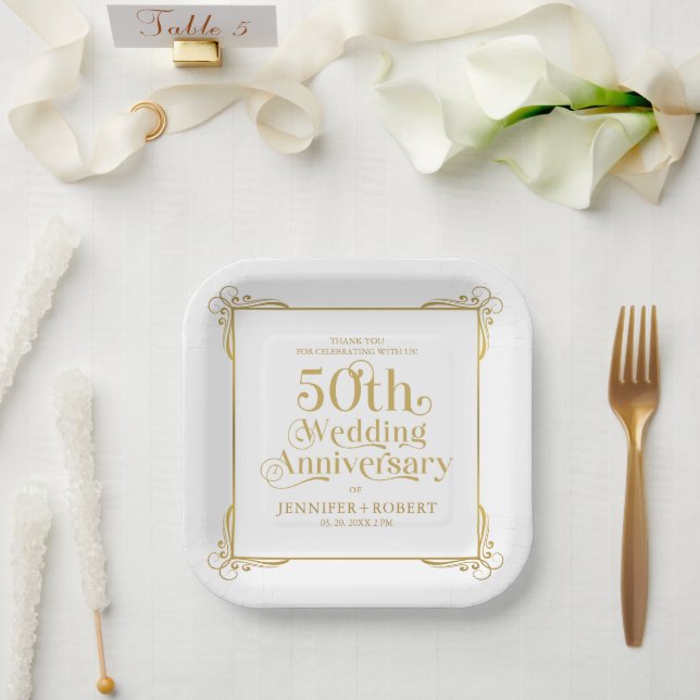50th Wedding Anniversary Gold Typography Frame Paper Plates (Wedding)