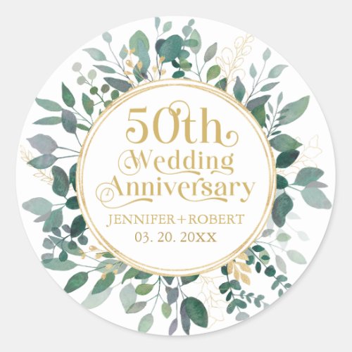 50th Wedding Anniversary Gold Typography  Greenery Classic Round Sticker