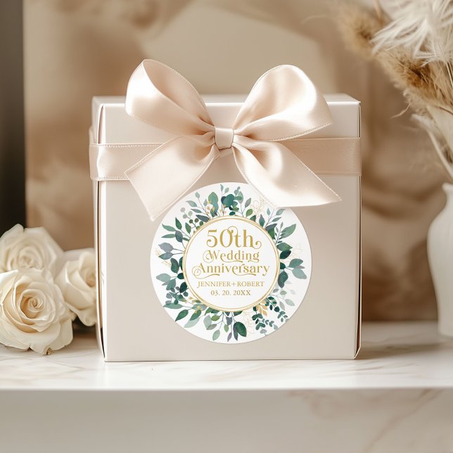 50th Wedding Anniversary Gold Typography  Greenery Classic Round Sticker (Creator Uploaded)