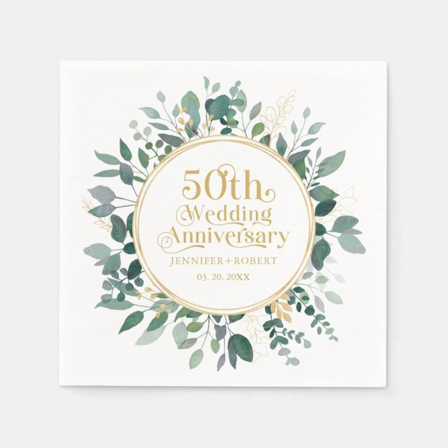 50th Wedding Anniversary Gold Typography  Greenery Napkins (Front)
