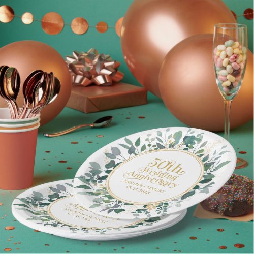 50th Wedding Anniversary Gold Typography  Greenery Paper Plates