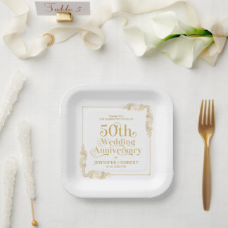 50th Wedding Anniversary Gold Typography Paper Plates