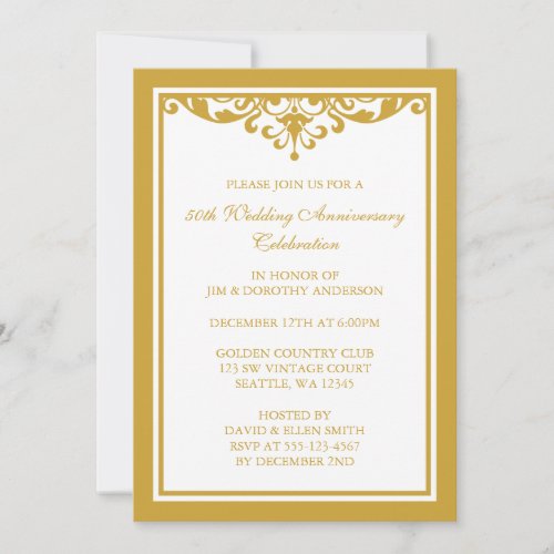 50th Wedding Anniversary Gold Vintage Flourish Personalized Invitations