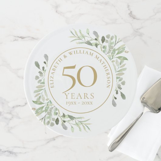 50th Wedding Anniversary Gold Watercolor Greenery Cake Stand (Front)