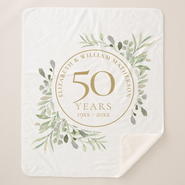 50th Wedding Anniversary Gold Watercolor Greenery Sherpa Blanket (Front)