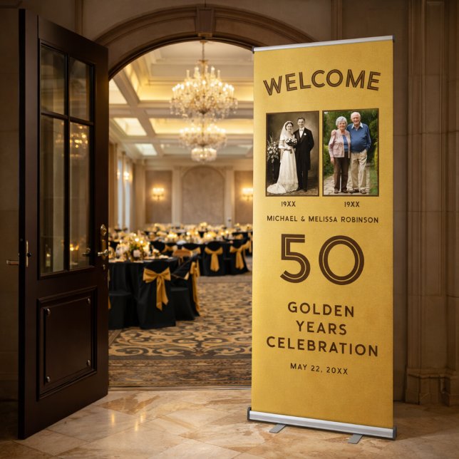 50th Wedding Anniversary Gold Welcome Sign  (Grand ballroom entrance welcome for a 50th golden anniversary.)