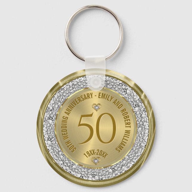 50th Wedding Anniversary Gold White Diamonds Keychain (Front)