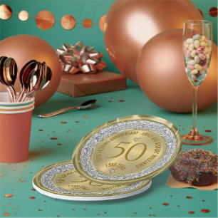 50th Wedding Anniversary Gold White Diamonds Paper Plates