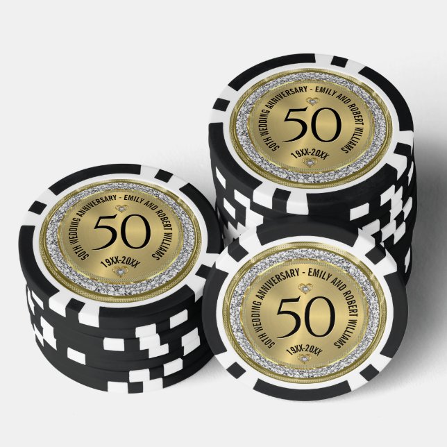 50th Wedding Anniversary Gold White Diamonds Poker Chips (Stack)