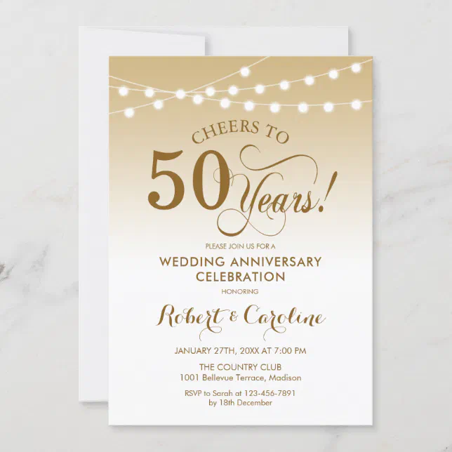 50th Wedding Anniversary - Gold White Invitation | Zazzle