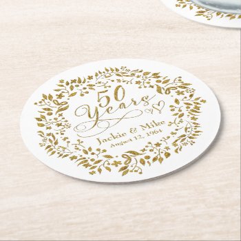 50th Wedding Anniversary Gold White Round Paper Coaster by wasootch at Zazzle
