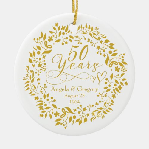 50th Wedding Anniversary Gold Wreath Hearts 50 Ceramic Ornament