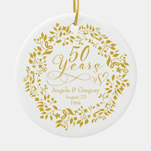 50th Wedding Anniversary Gold Wreath Hearts 50 Ceramic Ornament (Front)