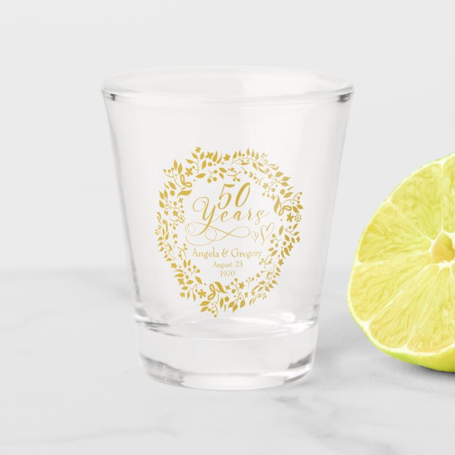 50th Wedding Anniversary Gold Wreath Hearts 50 Shot Glass (Front)