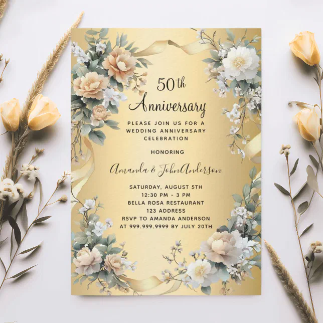 50th wedding anniversary gold yellow floral luxury invitation | Zazzle