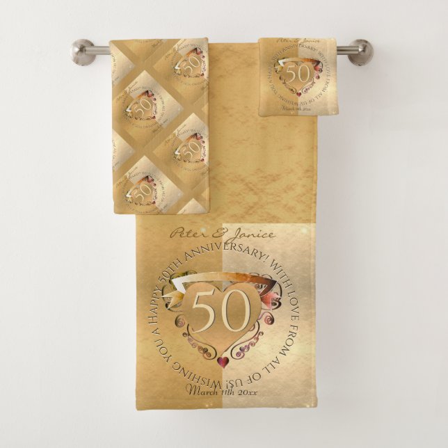 50th Wedding Anniversary Golden Bath Towel Set (Insitu)