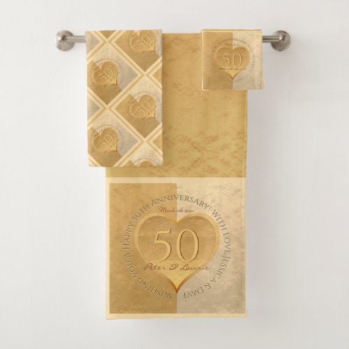 50th Wedding Anniversary Golden Bath Towel Set