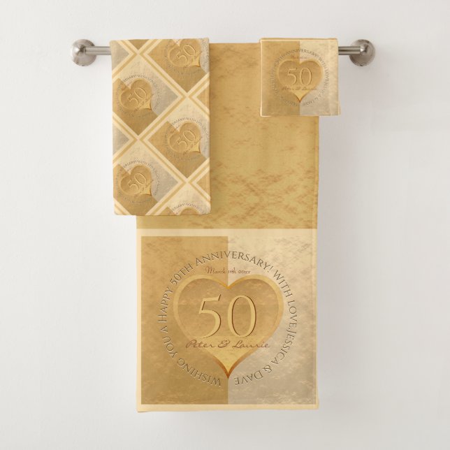50th Wedding Anniversary Golden Bath Towel Set (Insitu)
