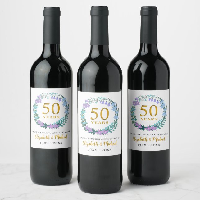 50th Wedding Anniversary Golden Bluebells Wreath Wine Label (Bottles)