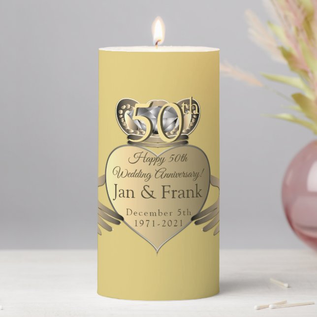 50th Wedding Anniversary Golden Claddaugh  Pillar Candle (In Situ)