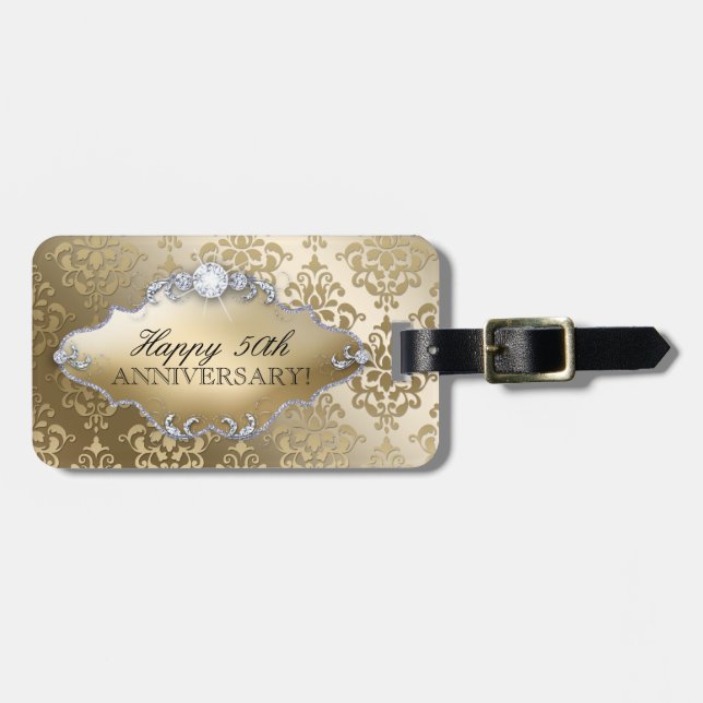 50th Wedding Anniversary Golden Damask Luggage Tag (Front Horizontal)