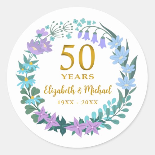 50th Wedding Anniversary Golden Floral Bluebells Classic Round Sticker
