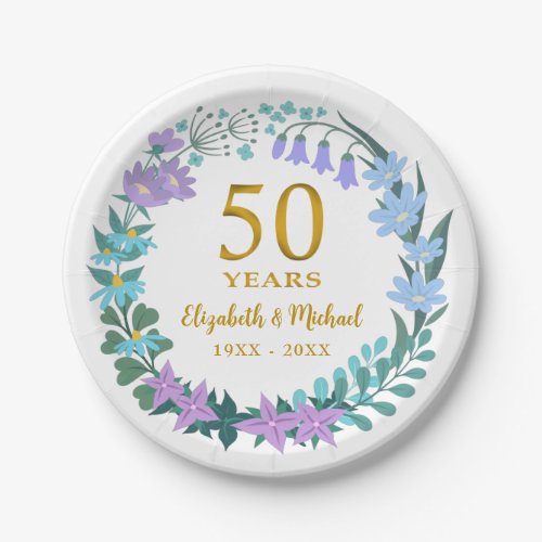 50th Wedding Anniversary Golden Floral Bluebells  Paper Plates