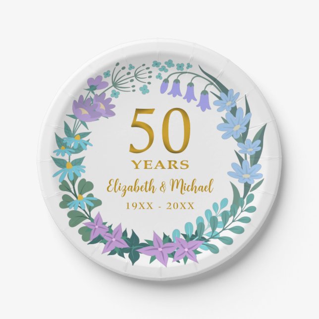 50th Wedding Anniversary Golden Floral Bluebells  Paper Plates (Front)