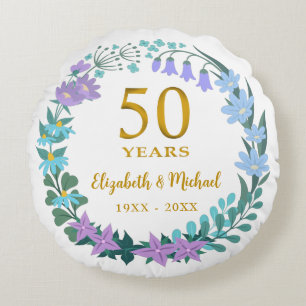 50th Wedding Anniversary Golden Floral Bluebells Round Pillow