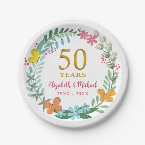 50th Wedding Anniversary Golden Floral Butterfly Paper Plates