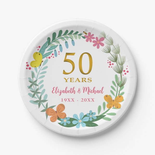 50th Wedding Anniversary Golden Floral Butterfly Paper Plates (Front)