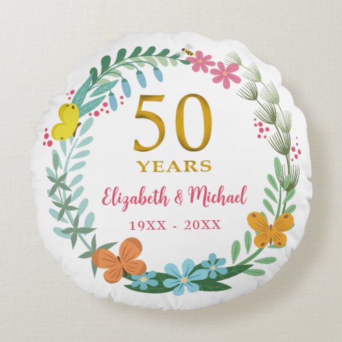 50th Wedding Anniversary Golden Floral Butterfly Round Pillow