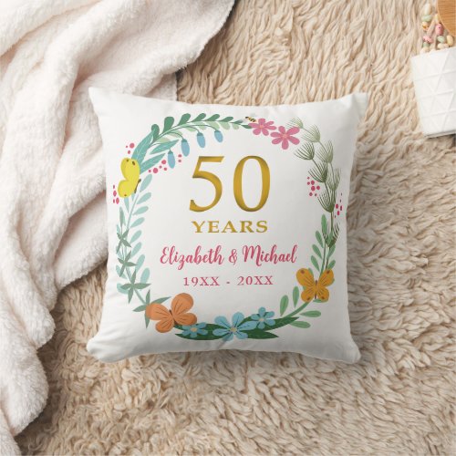 50th Wedding Anniversary Golden Floral Butterfly Throw Pillow