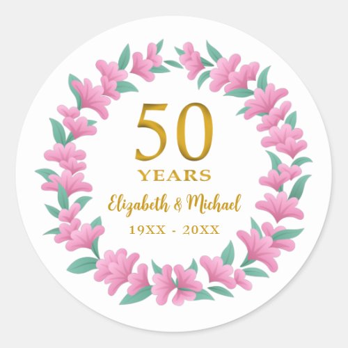 50th Wedding Anniversary Golden Floral Pink Wreath Classic Round Sticker