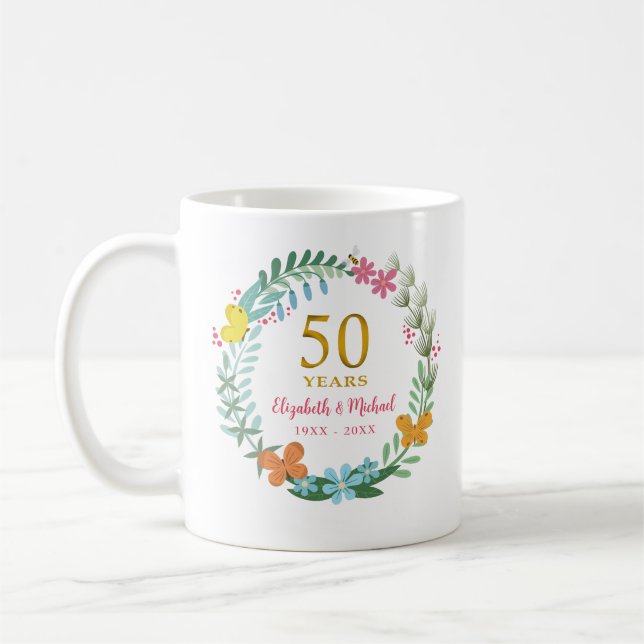 50th Wedding Anniversary Golden Floral Wreath Coffee Mug (Left)